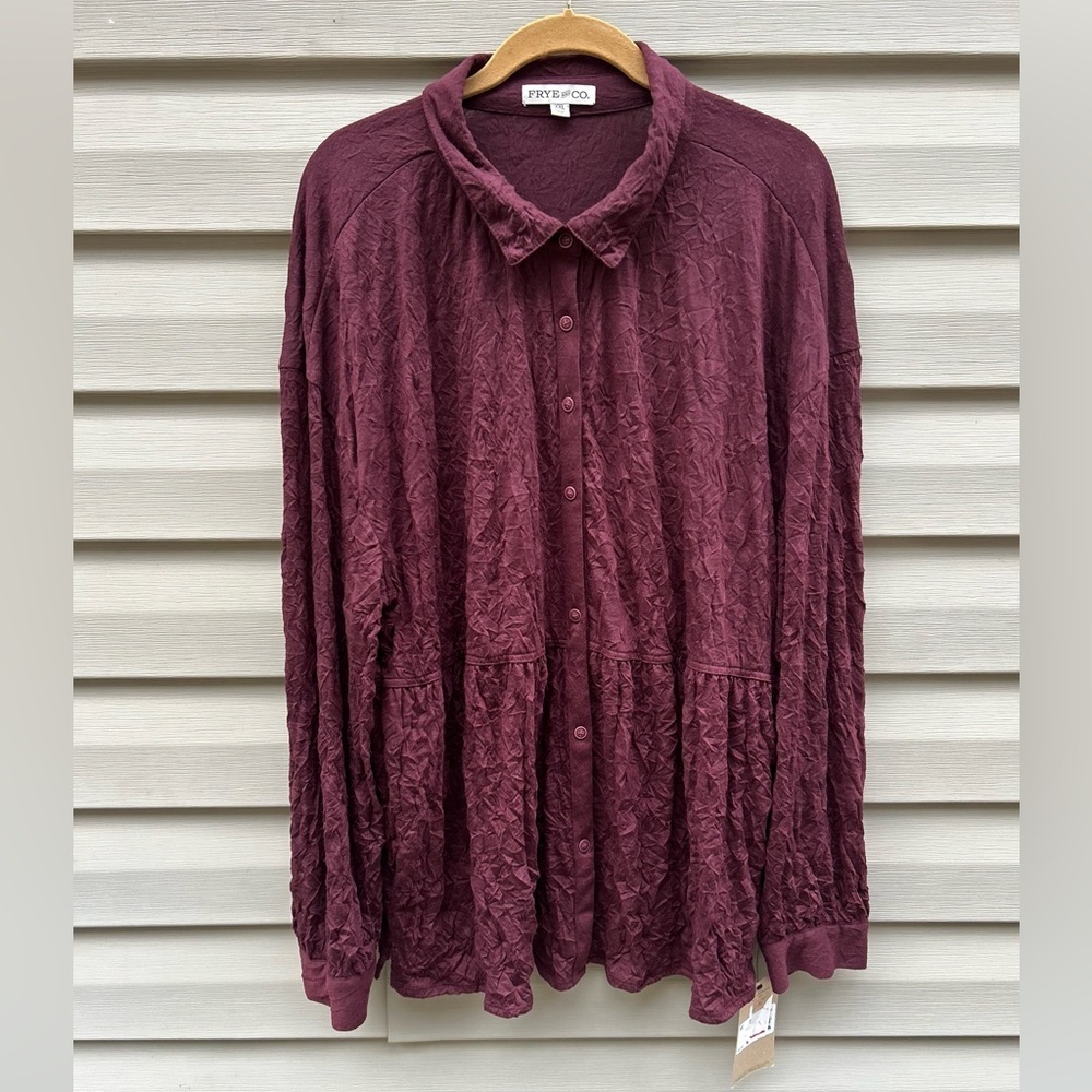 Frye & Co Ruffle Peplum Knit Button Down Blouse Crinkle 2X Lagenlook burgundy